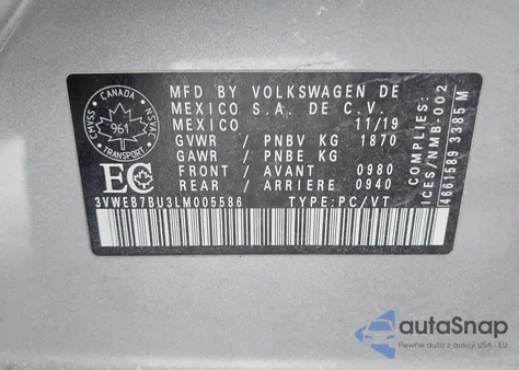 2020 Volkswagen Jetta 1.4T Sel z USA, uszkodzony, nr VIN 3VWEB7BU3LM005586